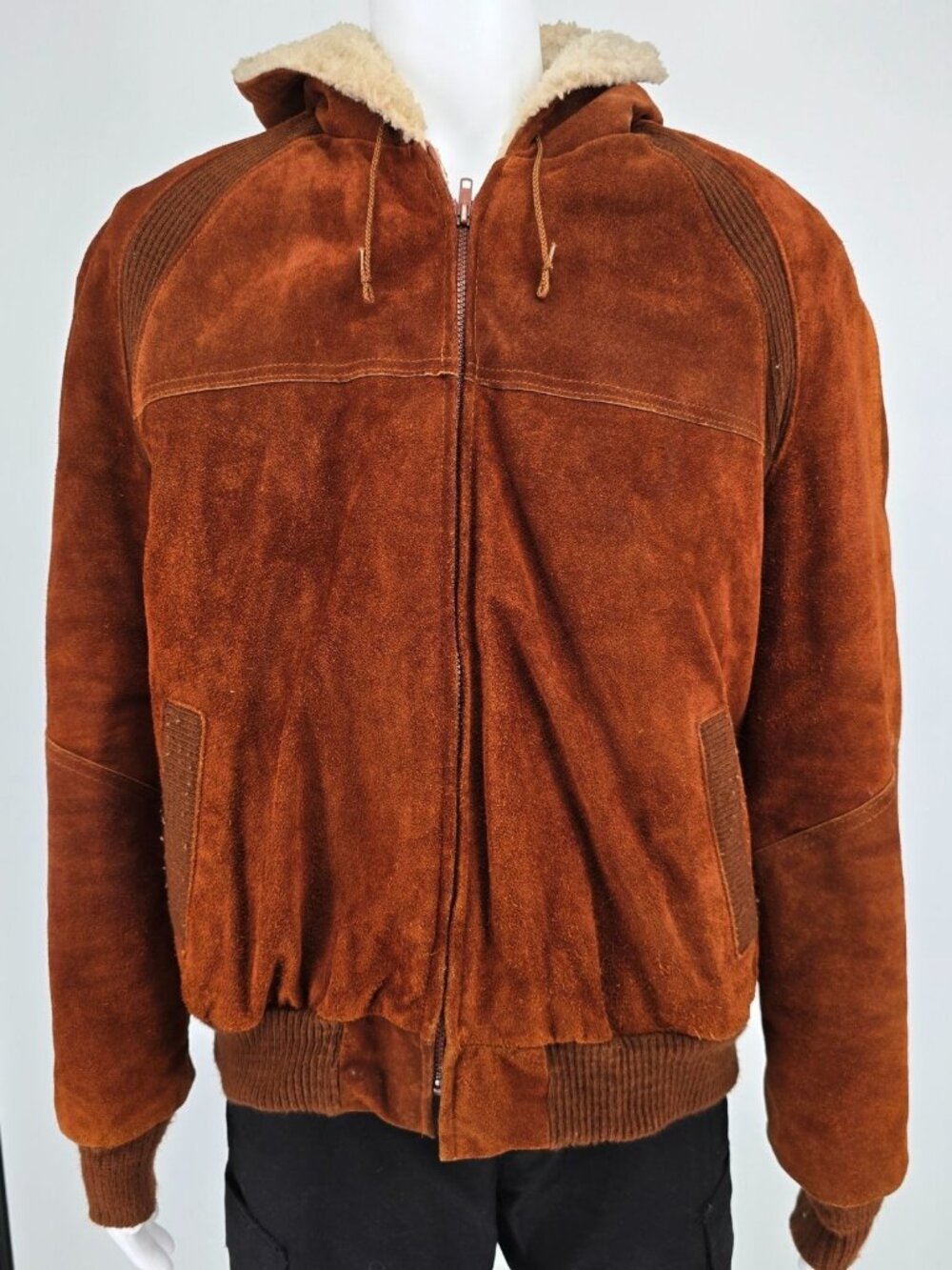 Vintage 1980s JCPenney Rust Split Cowhide Suede Sherpa Hooded Bomber Jacket (L)